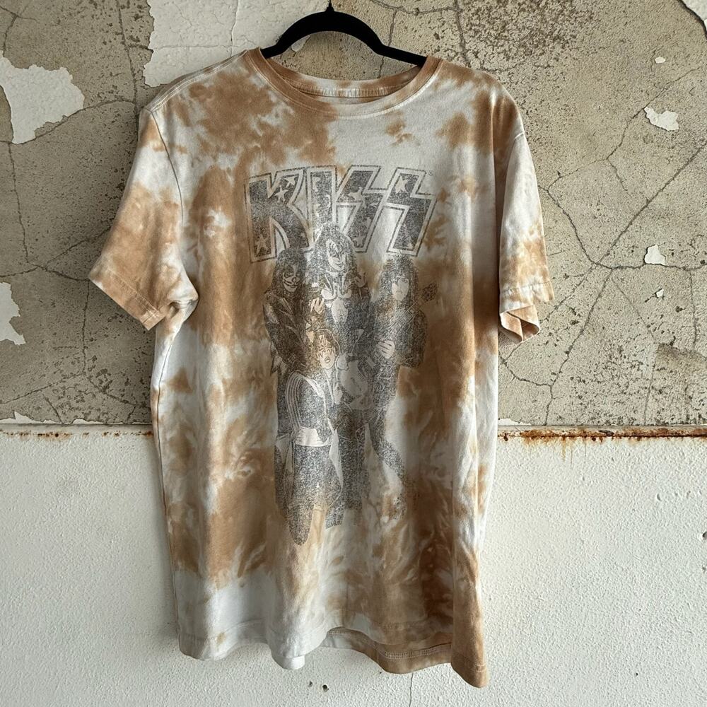 KISS Band Tee Graphic T-Shirt Vintage Wash Tie‎ Dye Brown White Size L